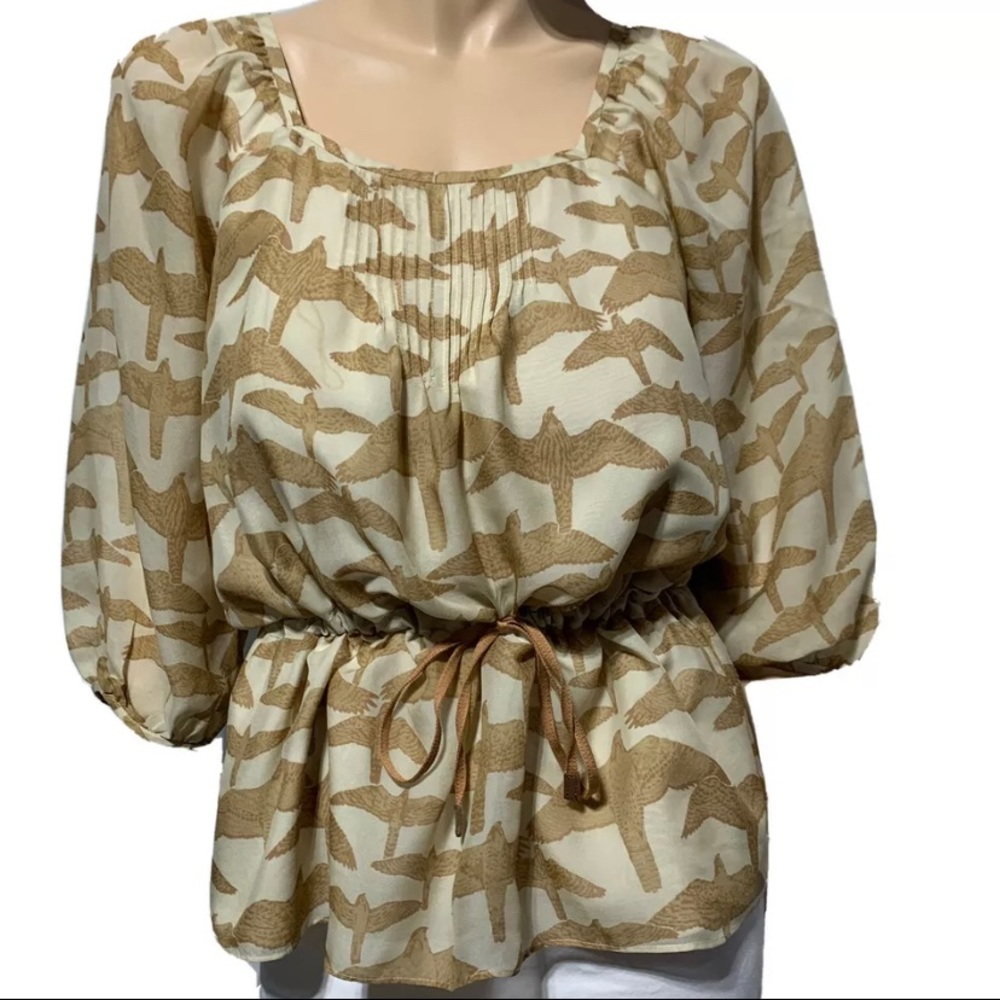 Tibi Women’s 100% Silk Blouse Bird Print Size 2 Drawstring Waist